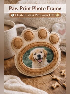 Paw Print Photo Frame Plush Tan Brown Desk Decor Glass Front Pet Lover Gift